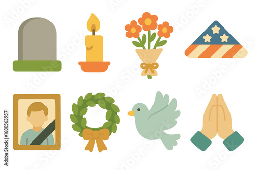 Memorial Icon Set. Flat vector mini-illustrations tragedy memorials in colors children's illustrations: memorial stone, candle