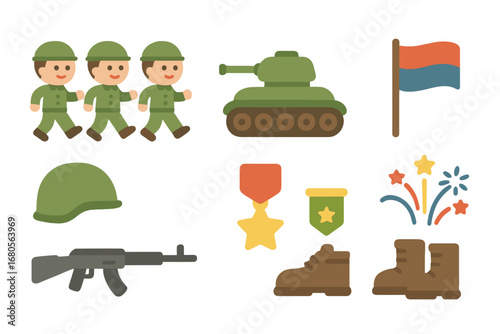 Military Icon Parade. Flat vector mini-illustrations military procession in colors children's illustrations: soldiers, tanks,