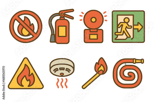 Fire Safety Icons. Flat vector mini-illustrations fire danger signs in colors children's illustrations: no open flame, fire