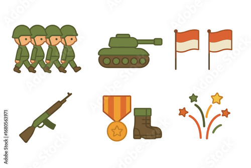 Military Icon Parade. Flat vector mini-illustrations military procession in colors children's illustrations: soldiers, tanks,
