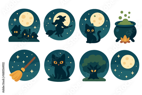 Folklore Night Icons. Flat vector mini-illustrations folklore full moon in colors children's illustrations: full moon above