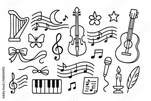 Musical Doodle Icons. Hand-drawn doodle illustration grace music flowing notes, harp, violin, treble clef, ribbon, star, moon,