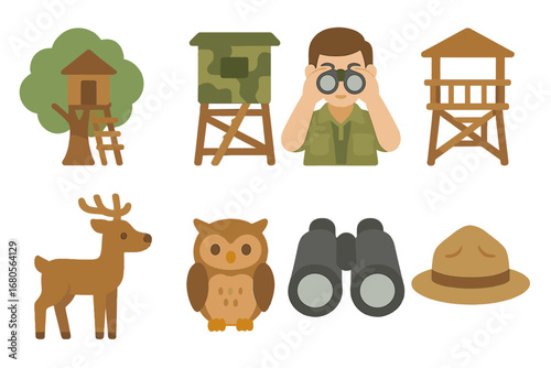 Forest Watchtower Icons. Flat vector mini-illustrations forest watchtower in colors children's illustrations: tree watchtower,