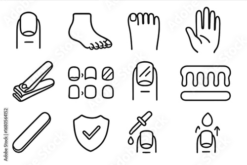 Nail Care Icons. Hand-drawn doodle illustration fingernails and toenails fingernail, toenail, foot icon, hand icon, nail clippers,
