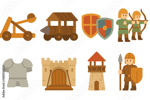 Fortress Defense Icons. Flat vector mini-illustrations fortress defenses in colors children's illustrations: catapult, battering