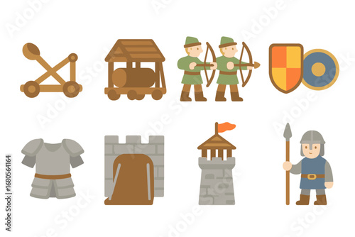 Fortress Defense Icons. Flat vector mini-illustrations fortress defenses in colors children's illustrations: catapult, battering