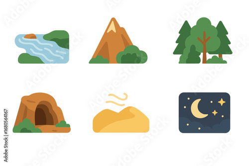 Nature Adventure Icons. Flat vector mini-illustrations thrill nature in colors children's illustrations: wild river, steep
