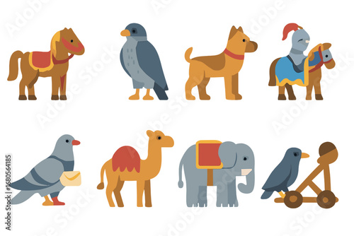 Fortification Animal Icons. Flat vector mini-illustrations fortification animals in colors children's illustrations: war horse,