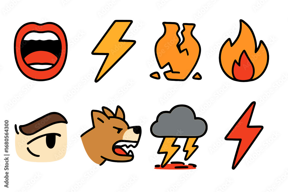 Fury Icon Grid. Flat vector mini-illustrations fury in colors children's illustrations: shouting mouth, thunderbolt, smashed vase,