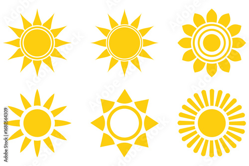 Yellow Sun Icon Set – Vector Sun Symbols, Sunshine Rays & Sunset Emblems Collection