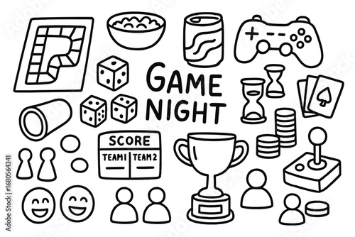 Game Night Icons. Hand-drawn doodle illustration game night board game, dice, playing cards, game pieces, timer, snacks bowl, soda