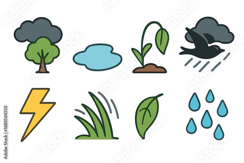 Nature's Stormy Icons. Flat vector mini-illustrations black cloud and nature in colors children's illustrations: dark cloud over