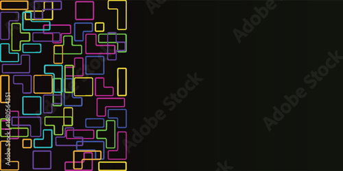 Abstract composition featuring colorful geometric shapes against a dark background.