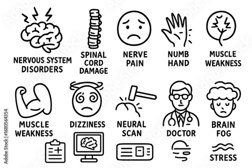 Nervous System Disorders Icons. Hand-drawn doodle illustration nervous system disorders brain with lightning bolt, spinal cord