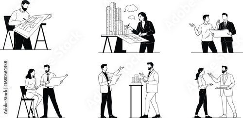 Architects collaborating, blueprint discussion, building model planning, design teamwork, project consultation, urban architecture, construction 