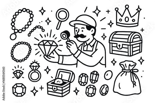 Gemstone Cutting Icons. Hand-drawn doodle illustration gemstone cutting diamond, gem cutter, magnifying glass, sparkle stars,