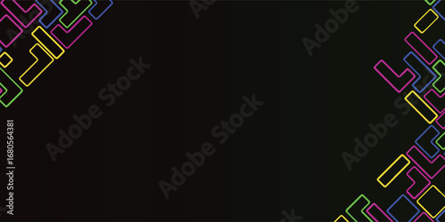 Abstract background with colorful geometric shapes arranged in the upper corners against a dark backdrop.