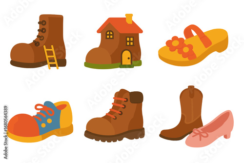 Giant Shoe Wonderland. Flat vector mini-illustrations fairy tale giant shoes in colors children's illustrations: giant boot with
