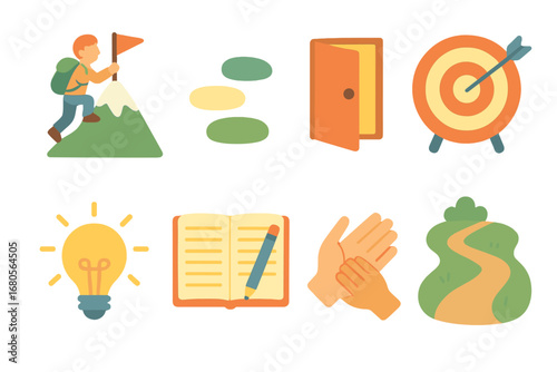 Growth Challenges Icons. Flat vector mini-illustrations personal growth challenges in colors children's illustrations: mountain