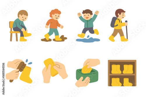 Overshoes in Action. Flat vector mini-illustrations overshoe in action in colors children's illustrations: slipping on overshoes,
