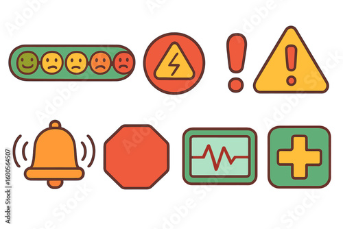 Pain Awareness Icons. Flat vector mini-illustrations pain awareness signs in colors children's illustrations: pain scale, red