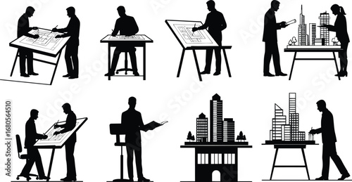 Architects designing, blueprint drafting, building planning, urban development, construction modeling, engineering teamwork, architectural project, cityscape 