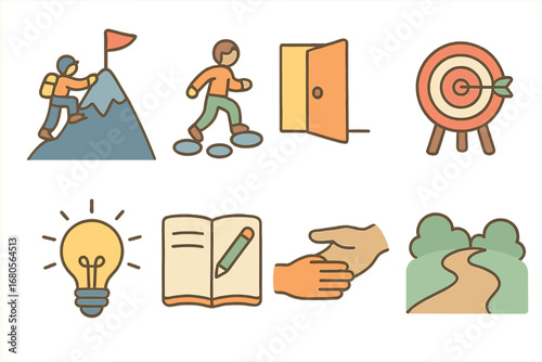 Growth Challenges Icons. Flat vector mini-illustrations personal growth challenges in colors children's illustrations: mountain