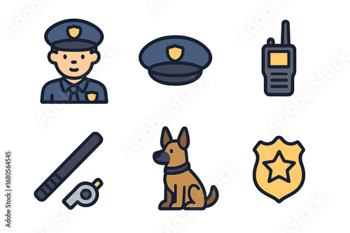 Guard Icons for Kids. Flat vector mini-illustrations prison guards in colors children's illustrations: guard uniform, guard hat,