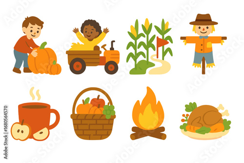 Harvest Traditions Icons. Flat vector mini-illustrations harvest traditions in colors children's illustrations: pumpkin picking,