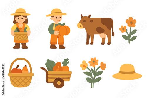 Harvest Procession Icons. Flat vector mini-illustrations harvest procession in colors children's illustrations: farmers, baskets,