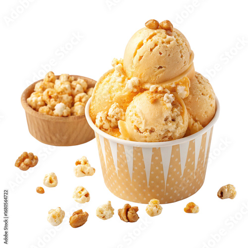 Delicious caramel popcorn ice cream cup topped with mini popcorn kernels
