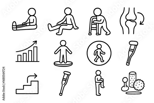 Hip Rehab Icons. Hand-drawn doodle illustration hip rehabilitation resistance band, seated stretch, physiotherapy pose, range of