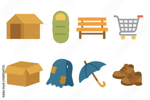 Homelessness and Nature Icons. Flat vector mini-illustrations homelessness after loss of home in colors children's illustrations: