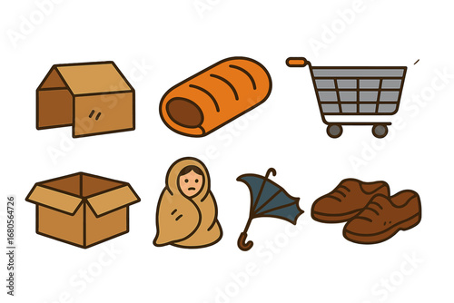 Homelessness Mini Icons. Flat vector mini-illustrations homelessness after loss of home in colors children's illustrations: