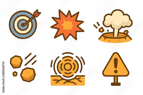 Playful Impact Icons. Flat vector mini-illustrations target and impact in colors children's illustrations: bullseye target,