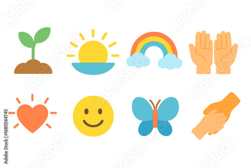 Hope and Healing Icons. Flat vector mini-illustrations hope and healing after sorrow in colors children's illustrations: growing