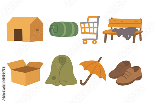 Homelessness and Nature Icons. Flat vector mini-illustrations homelessness after loss of home in colors children's illustrations: