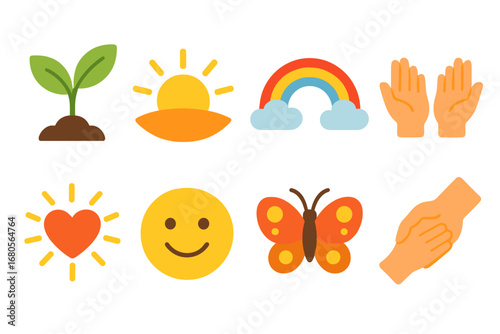 Hope and Healing Icons. Flat vector mini-illustrations hope and healing after sorrow in colors children's illustrations: growing