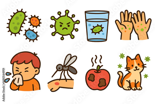 Infection Causes Icons. Flat vector mini-illustrations infection causes in colors children's illustrations: bacteria, virus,