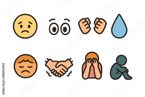 Injustice Emotions Icons. Flat vector mini-illustrations injustice emotions in colors children's illustrations: sad face, worried