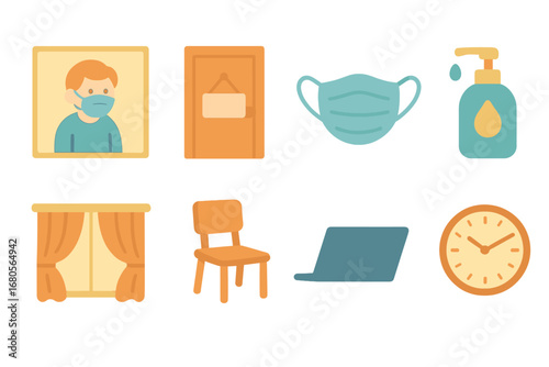 Quarantine Essentials Icons. Flat vector mini-illustrations isolation in colors children's illustrations: person in quarantine