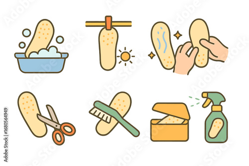 Insole Care Essentials. Flat vector mini-illustrations insole maintenance in colors children's illustrations: washing insole,
