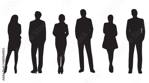 Vector Silhouettes of People, Standing and Walking Figures, Isolated on White Background