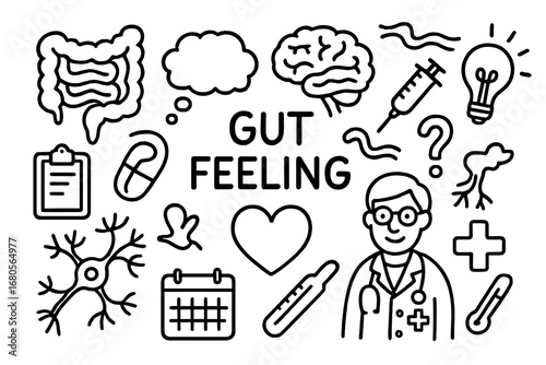 Intuition Symbols Doodle. Hand-drawn doodle illustration gut feeling intuition signs gut, brain, heart, light bulb, question mark,