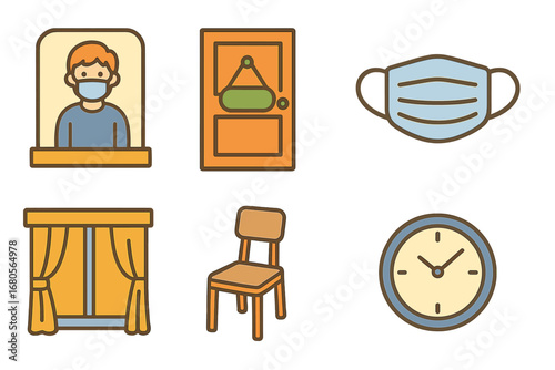 Quarantine Essentials Icons. Flat vector mini-illustrations isolation in colors children's illustrations: person in quarantine