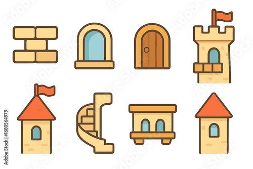 Ivory Tower Icons. Flat vector mini-illustrations ivory tower and architecture in colors children's illustrations: stone bricks,