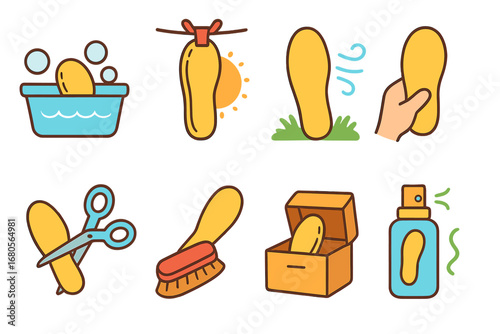 Insole Care Essentials. Flat vector mini-illustrations insole maintenance in colors children's illustrations: washing insole,