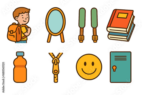 Kids Backpack Icons. Flat vector mini-illustrations backpack try on in colors children's illustrations: child trying on backpack,