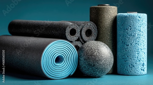 Assorted dark and light blue foam exercise mats and rollers