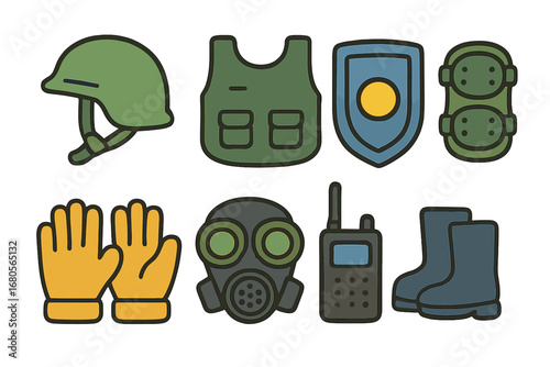 Kids Defense Gear Icons. Flat vector mini-illustrations personal defense gear in colors children's illustrations: helmet, body